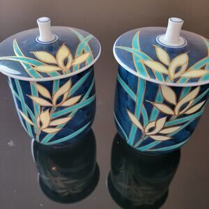 Vintage Asian Art Cups with Lids Flowers Leaves Edged in Gold Tone Hand Painted